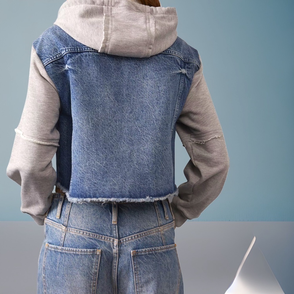 FREE PEOPLE Throwback Denim/Knit Hoodie Style Raw Hem Relaxed Crop Jacket-Md NWT - Picture 5 of 16